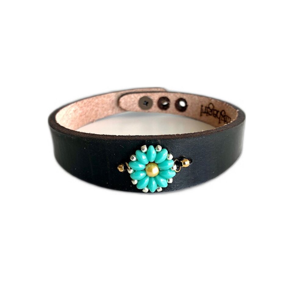 MishaGirl Thin Black Leather Bracelet & Aqua Colored Beaded Flower